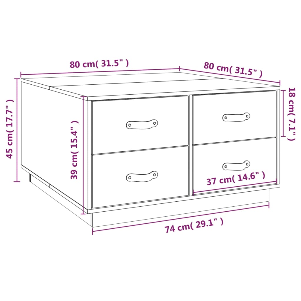 Mesa de centro 80x80x45 cm madeira de pinho maciça