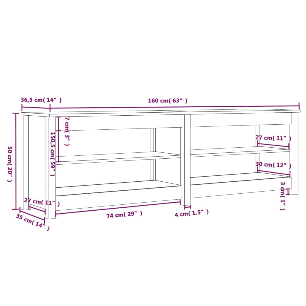 Banco sapateira 160x36,5x50 cm pinho maciço branco