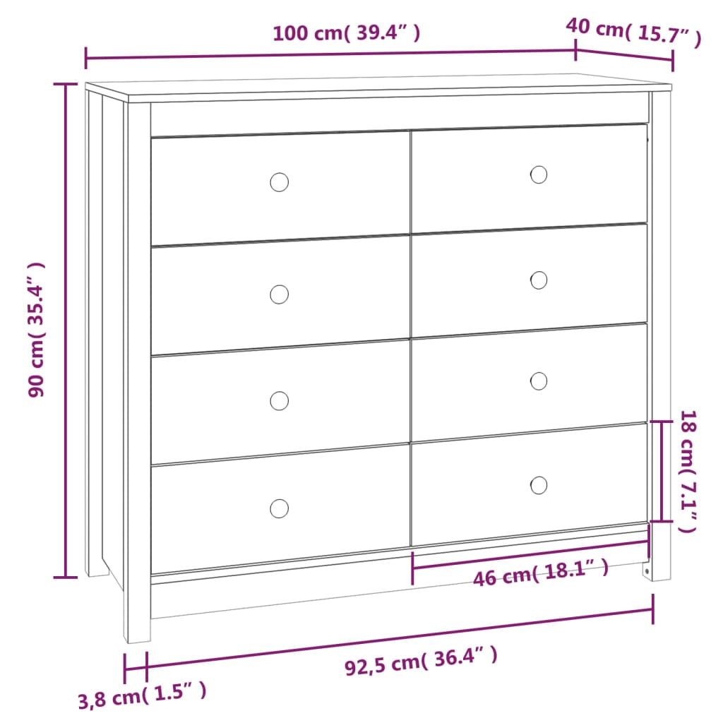 Armário de apoio 100x40x90 cm pinho maciço branco