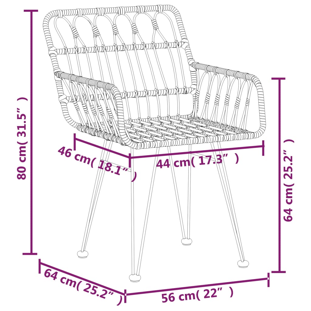 Cadeiras de jardim c/ apoio de braços 2 pcs 56x64x80 cm vime PE