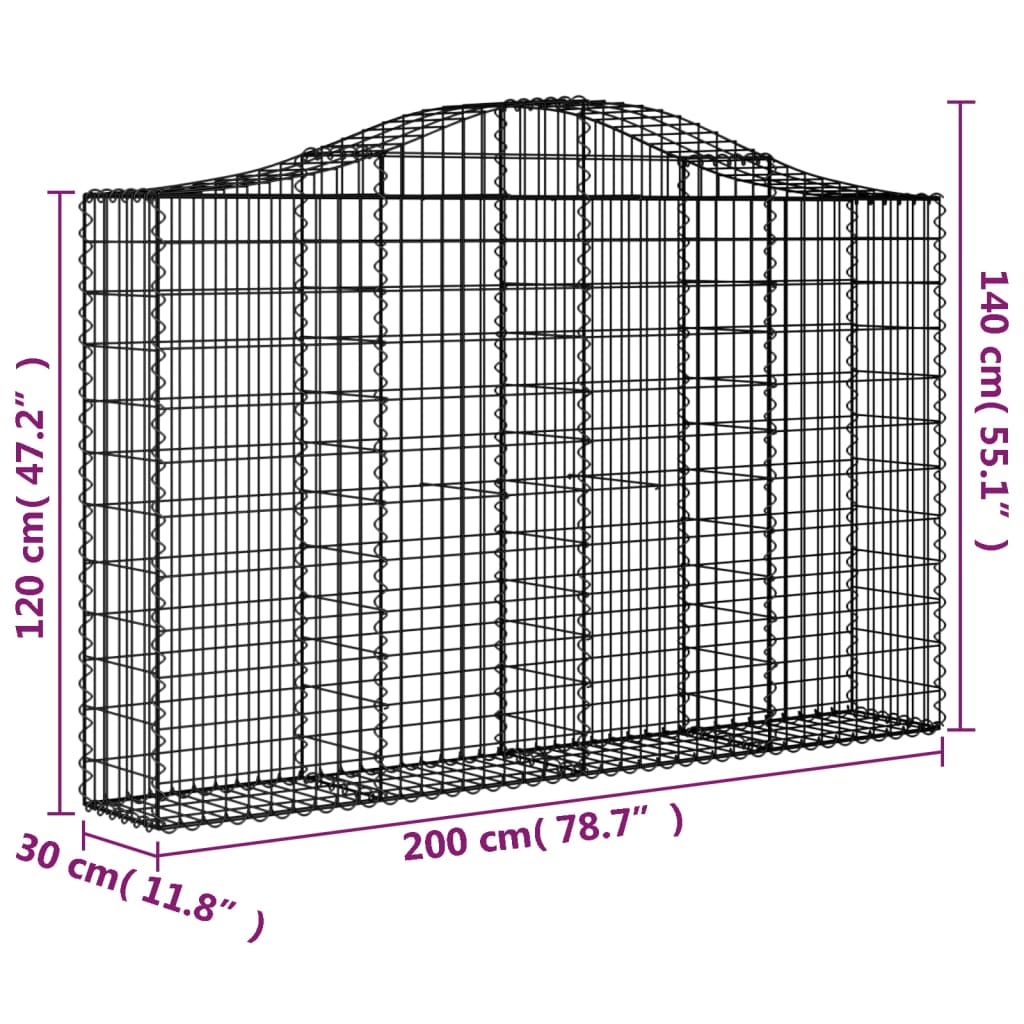 Cestos gabião arqueados 2pcs 200x30x120/140cm ferro galvanizado