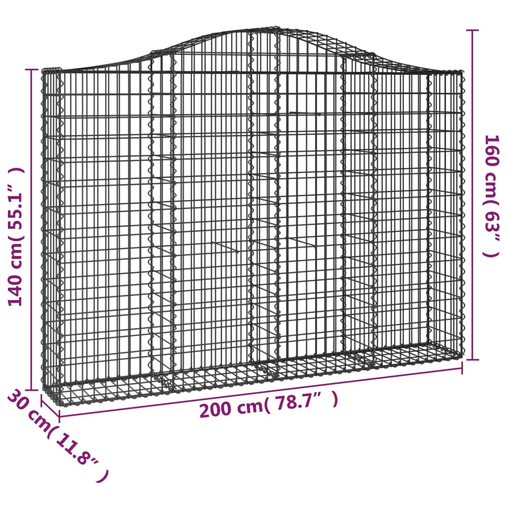 Cestos gabião arqueados 3pcs 200x30x140/160cm ferro galvanizado