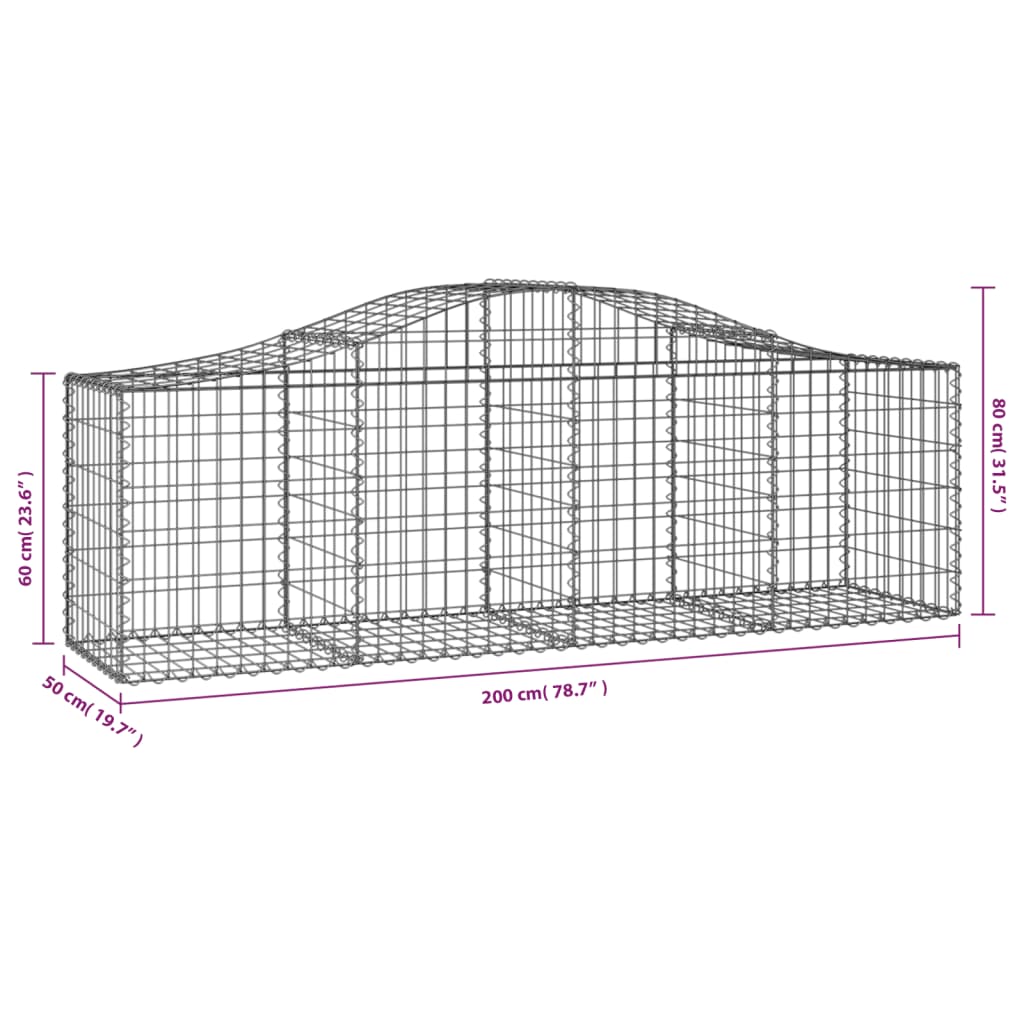 Cestos gabião arqueados 3 pcs 200x50x60/80 cm ferro galvanizado