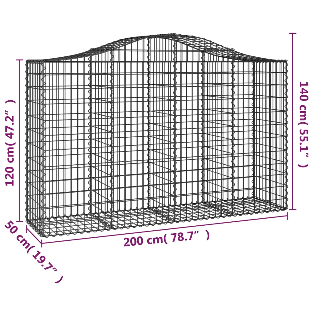 Cestos gabião arqueados 2pcs 200x50x120/140cm ferro galvanizado