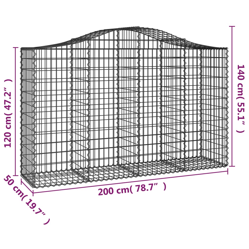 Cestos gabião arqueados 3pcs 200x50x120/140cm ferro galvanizado