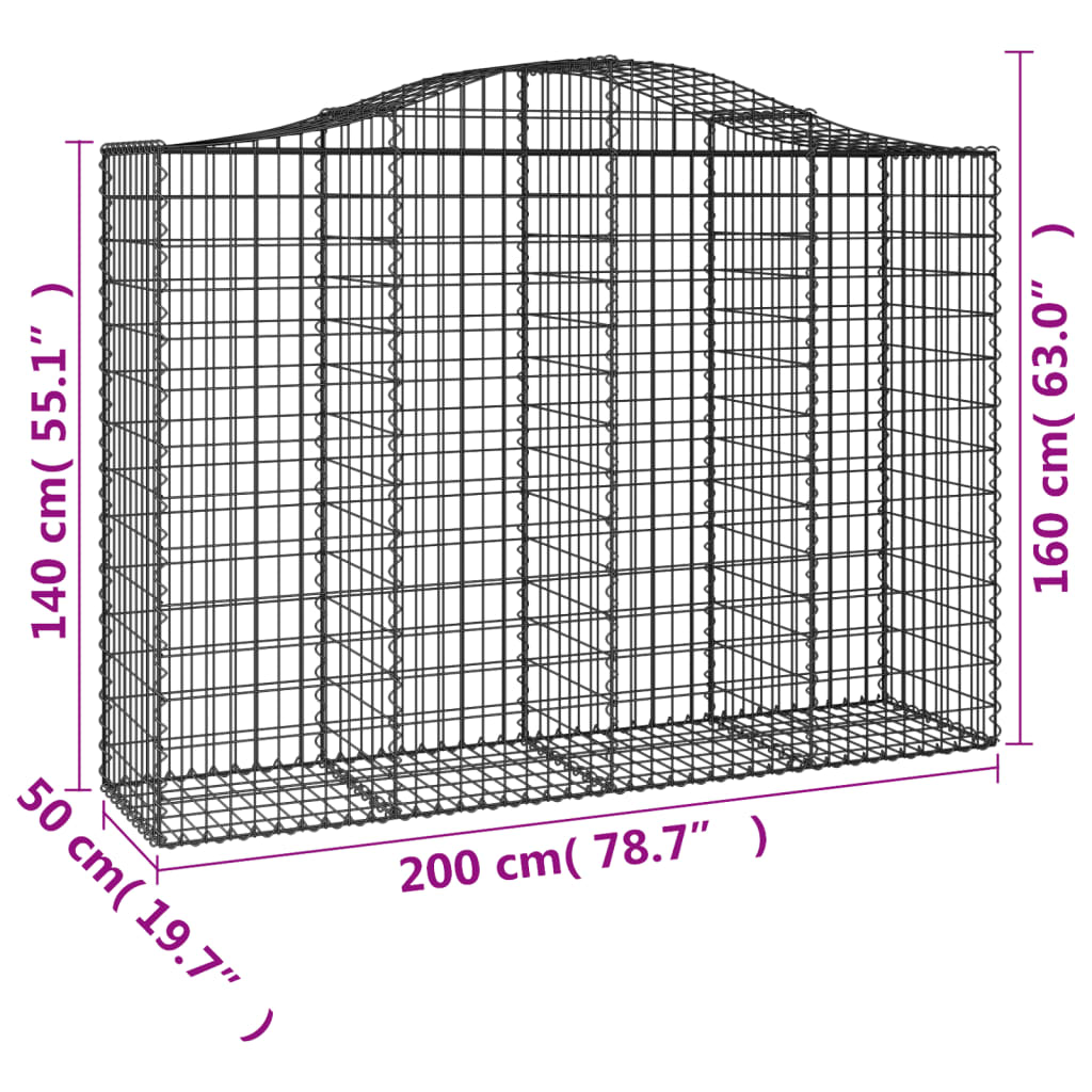 Cestos gabião arqueados 3pcs 200x50x140/160cm ferro galvanizado