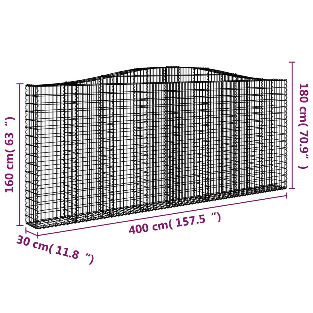 Cestos gabião arqueados 3pcs 400x30x160/180cm ferro galvanizado