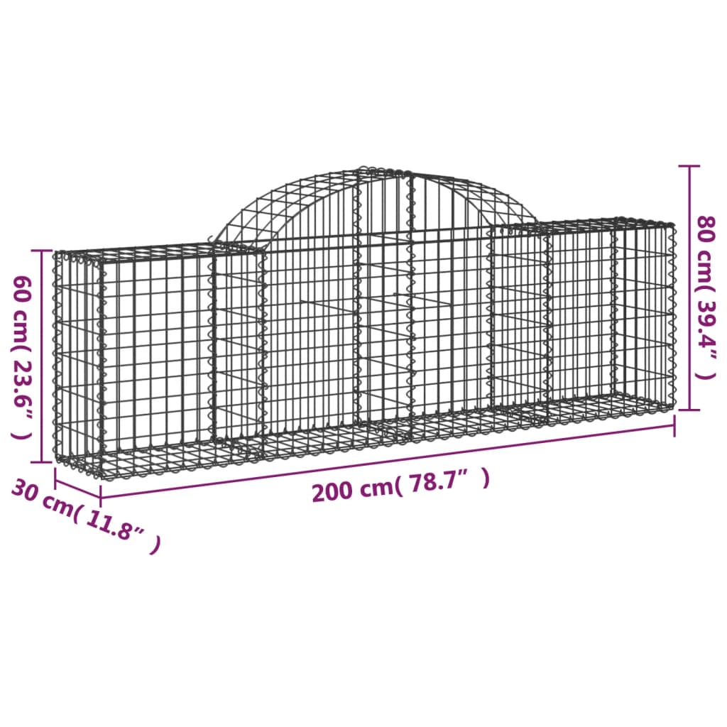 Cestos gabião arqueados 2 pcs 200x30x60/80 cm ferro galvanizado