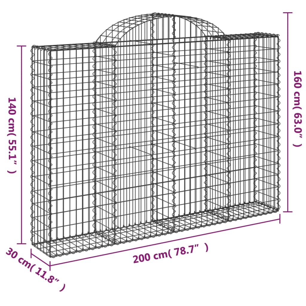 Cestos gabião arqueados 2pcs 200x30x140/160cm ferro galvanizado