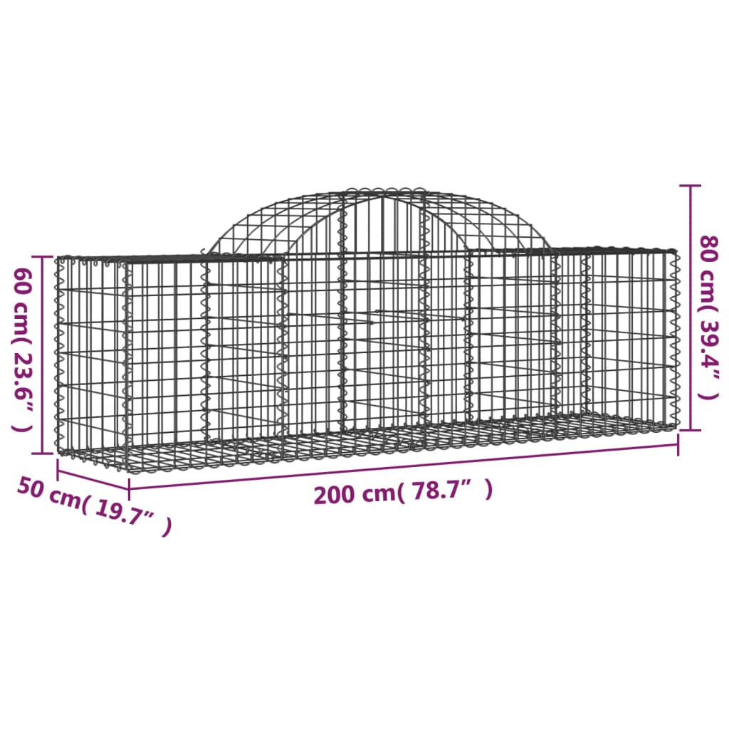 Cestos gabião arqueados 3 pcs 200x50x60/80 cm ferro galvanizado