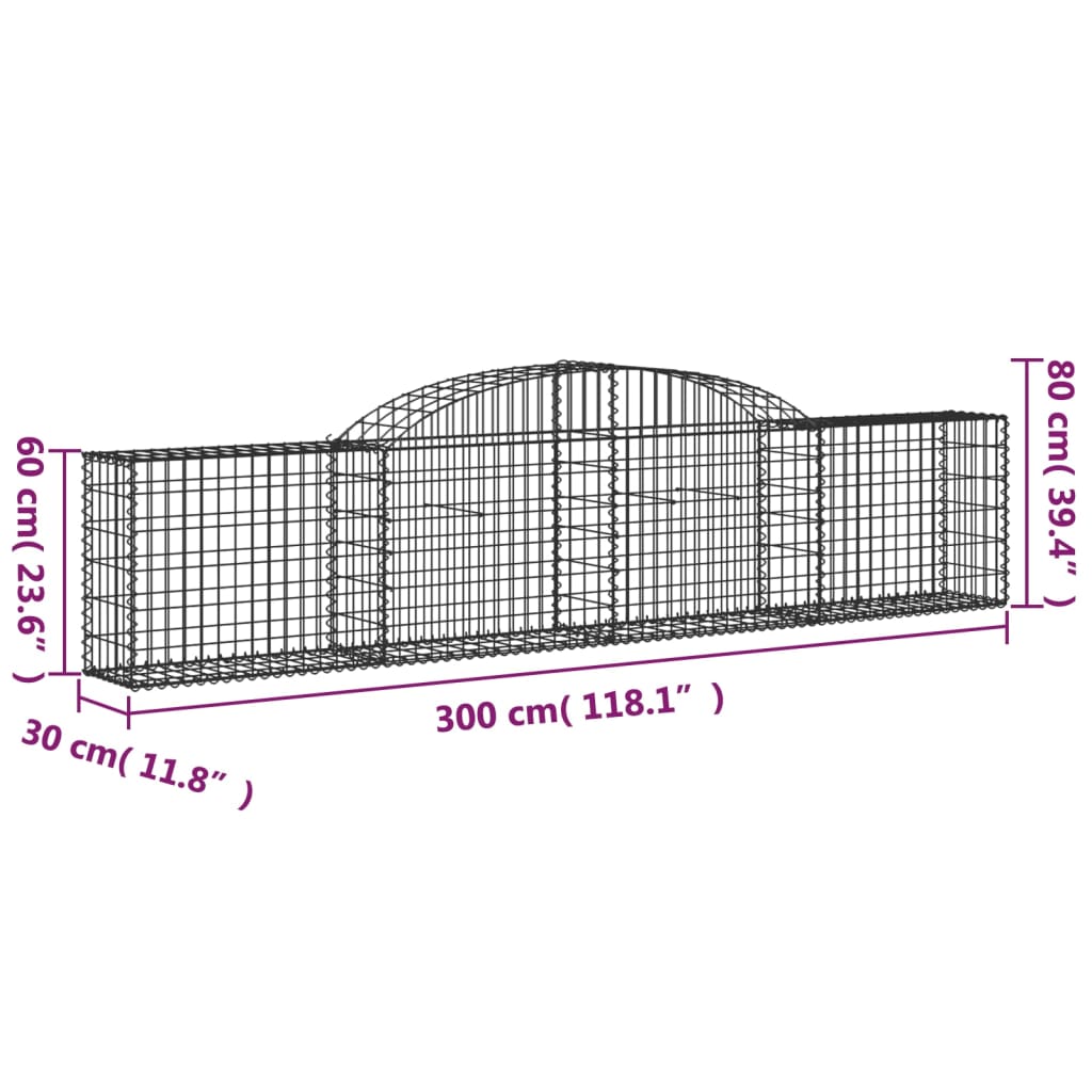 Cestos gabião arqueados 2 pcs 300x30x60/80 cm ferro galvanizado