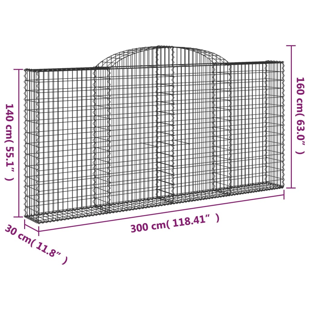 Cestos gabião arqueados 3pcs 300x30x140/160cm ferro galvanizado