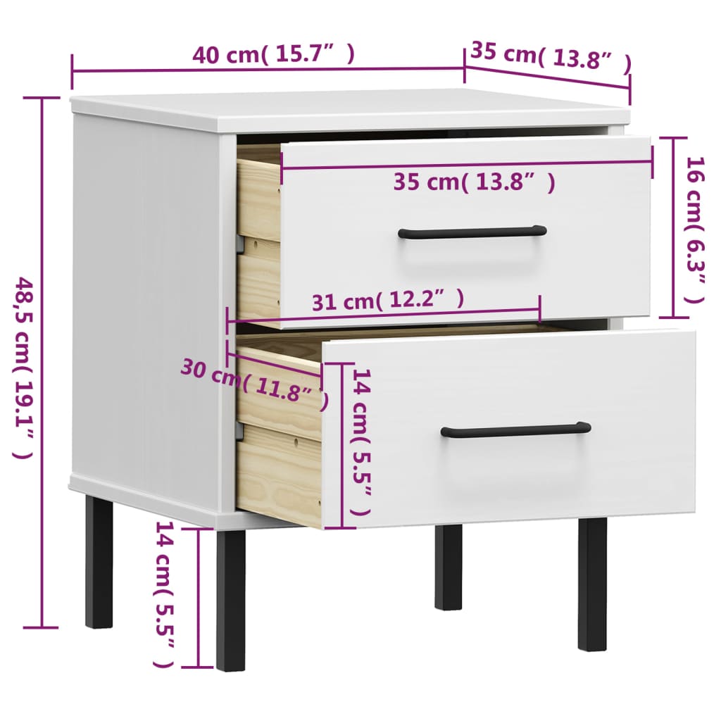 Mesa de Cabeceira Lucacho com 2 Gavetas em Madeira de Pinho - Branco - Design Retro