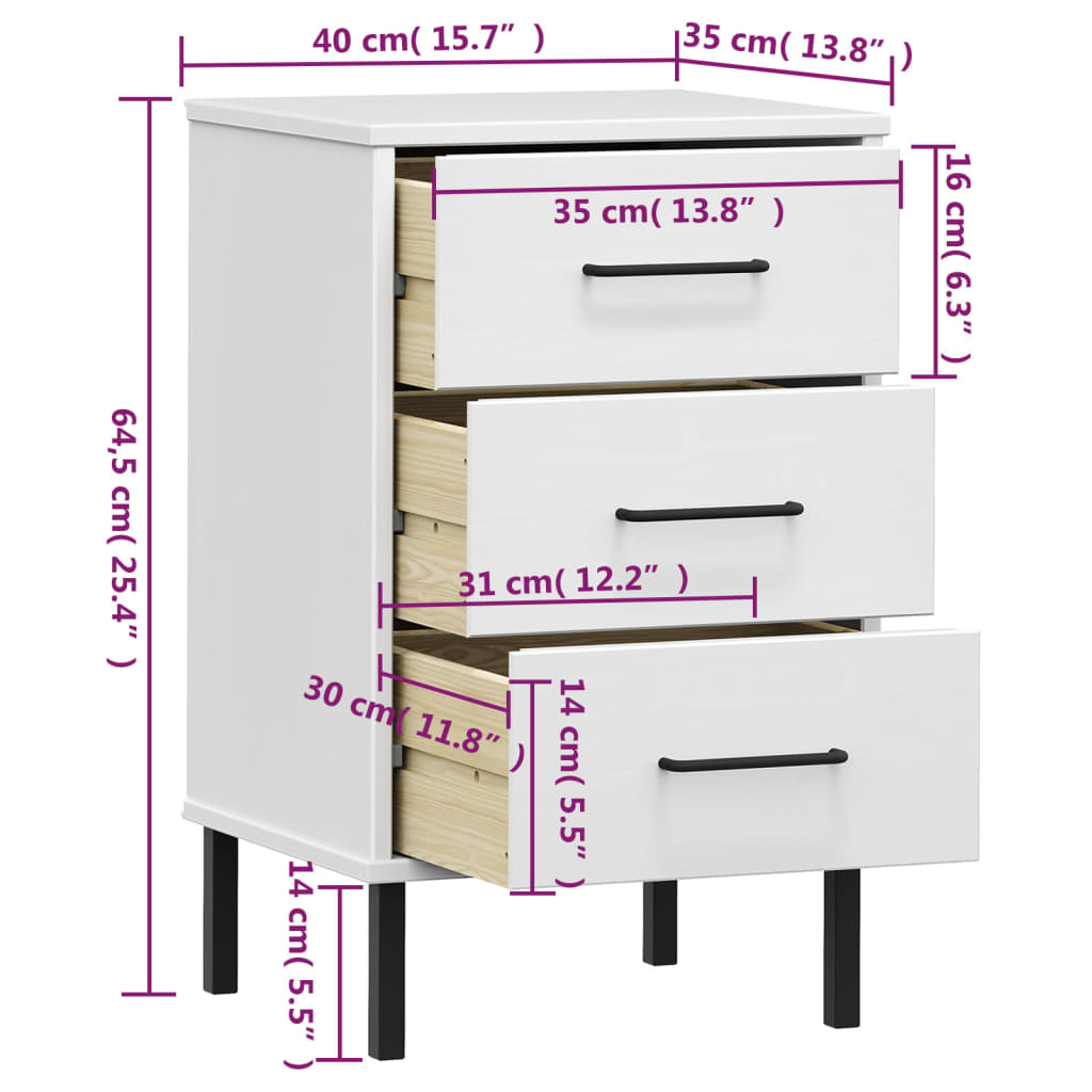 Mesa de Cabeceira Lucacho com 3 Gavetas em Madeira de Pinho - Branco - Design Retro