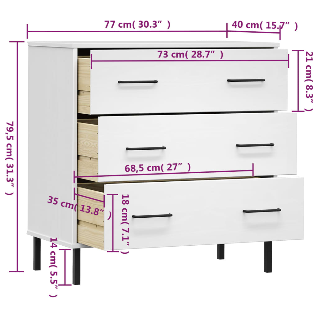 Aparador 3 gavetas 77x40x79,5 cm madeira maciça OSLO branco