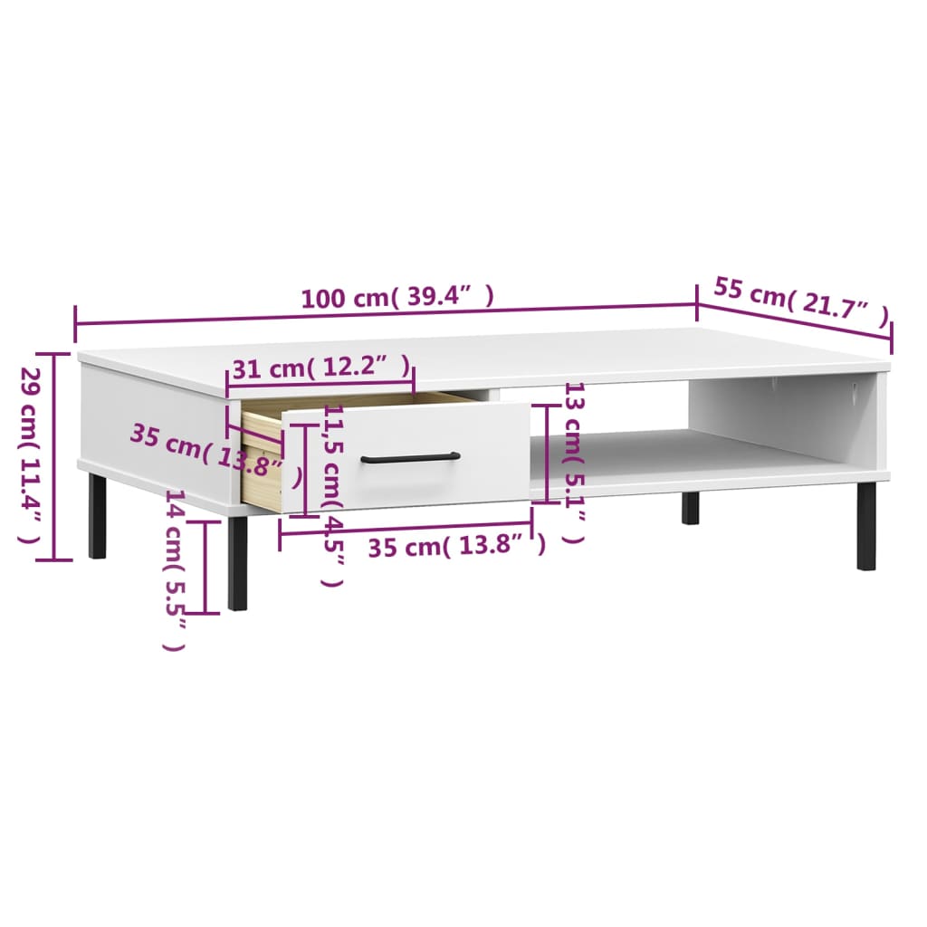 Mesa de Centro Lucacho com Gaveta em Madeira de Pinho - Branco - Design Retro