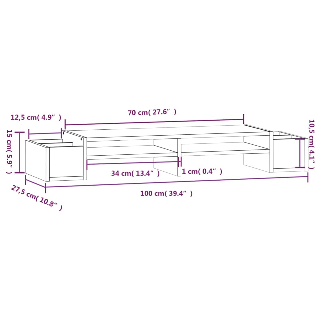 Suporte para monitor 100x27,5x15 cm pinho maciço cinzento