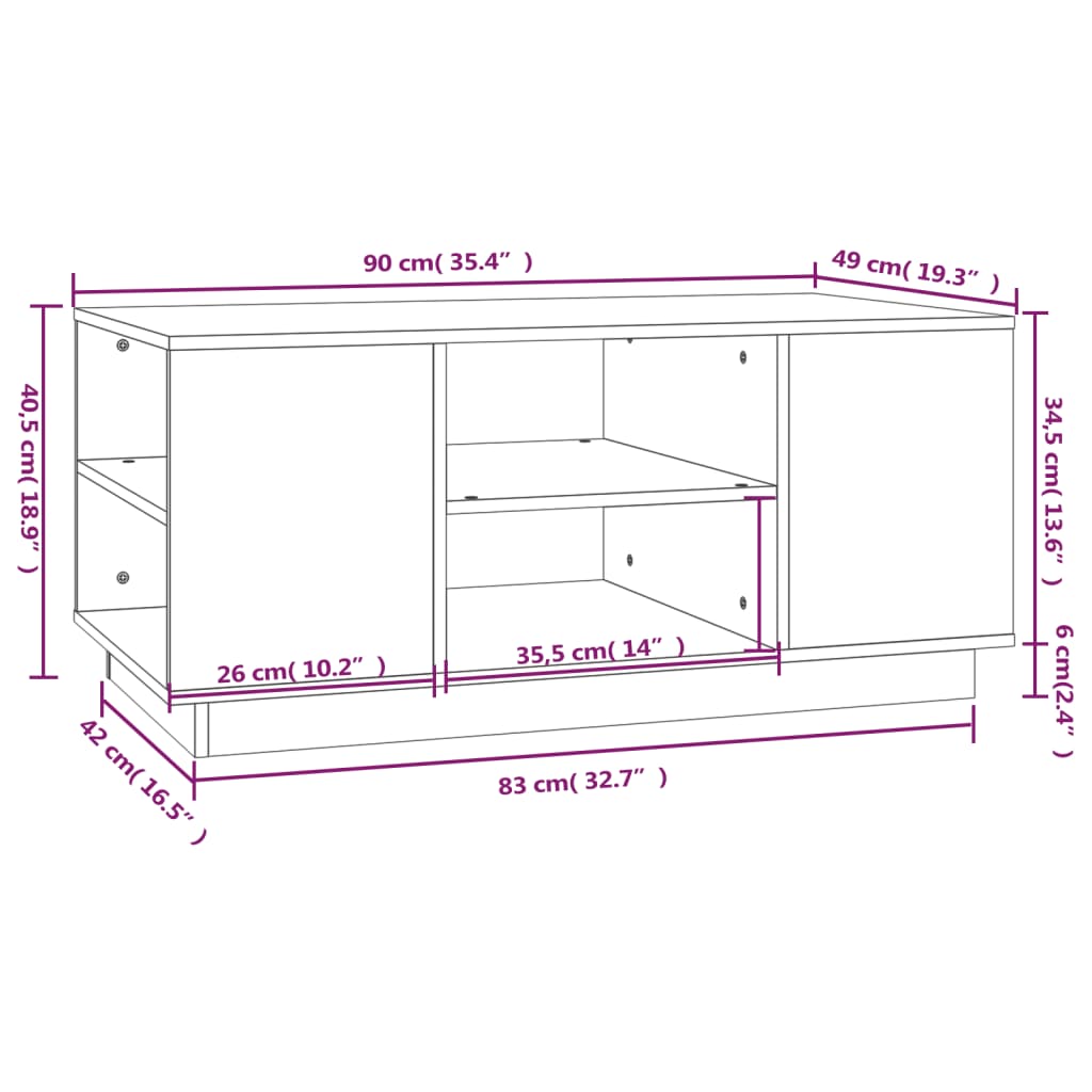 Mesa de centro 90x49x40,5 cm madeira de pinho maciça cinzento