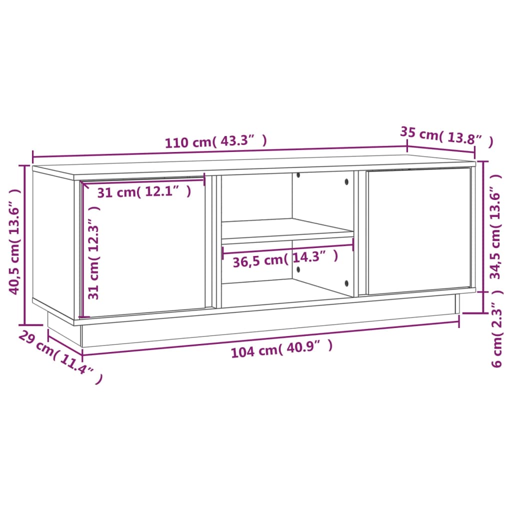 Móvel de TV 110x35x40,5 cm madeira de pinho maciça branco