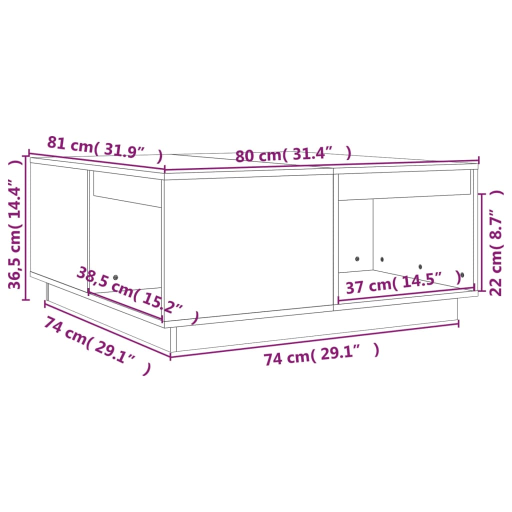 Mesa de centro 80x81x36,5 cm madeira de pinho maciça preto