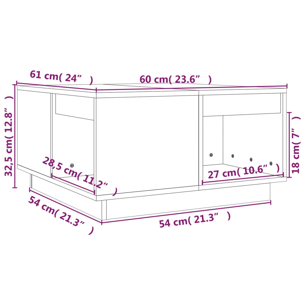 Mesa de centro 60x61x32,5 cm madeira de pinho maciça