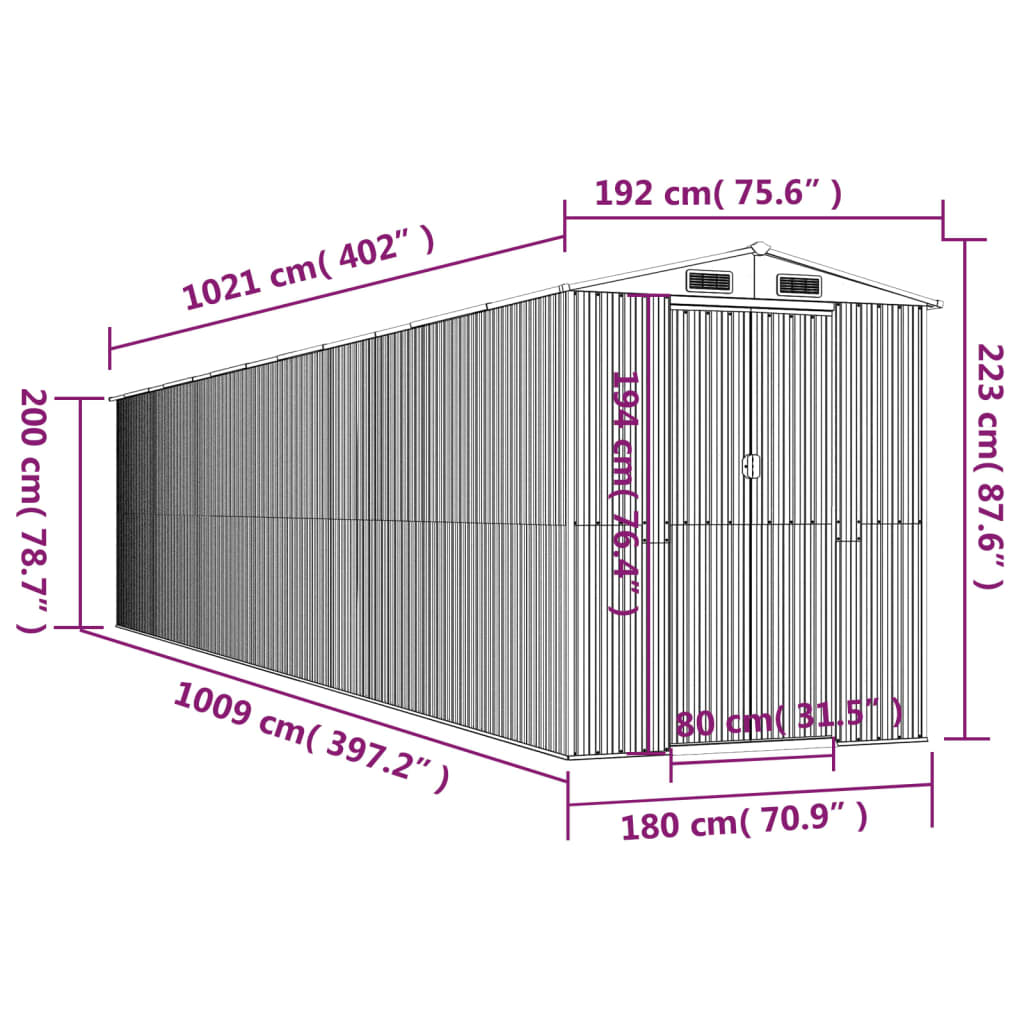 Abrigo de jardim 192x1021x223 cm aço galvanizado verde