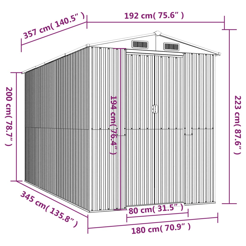 Abrigo de jardim 192x357x223 cm aço galvanizado cinzento-claro