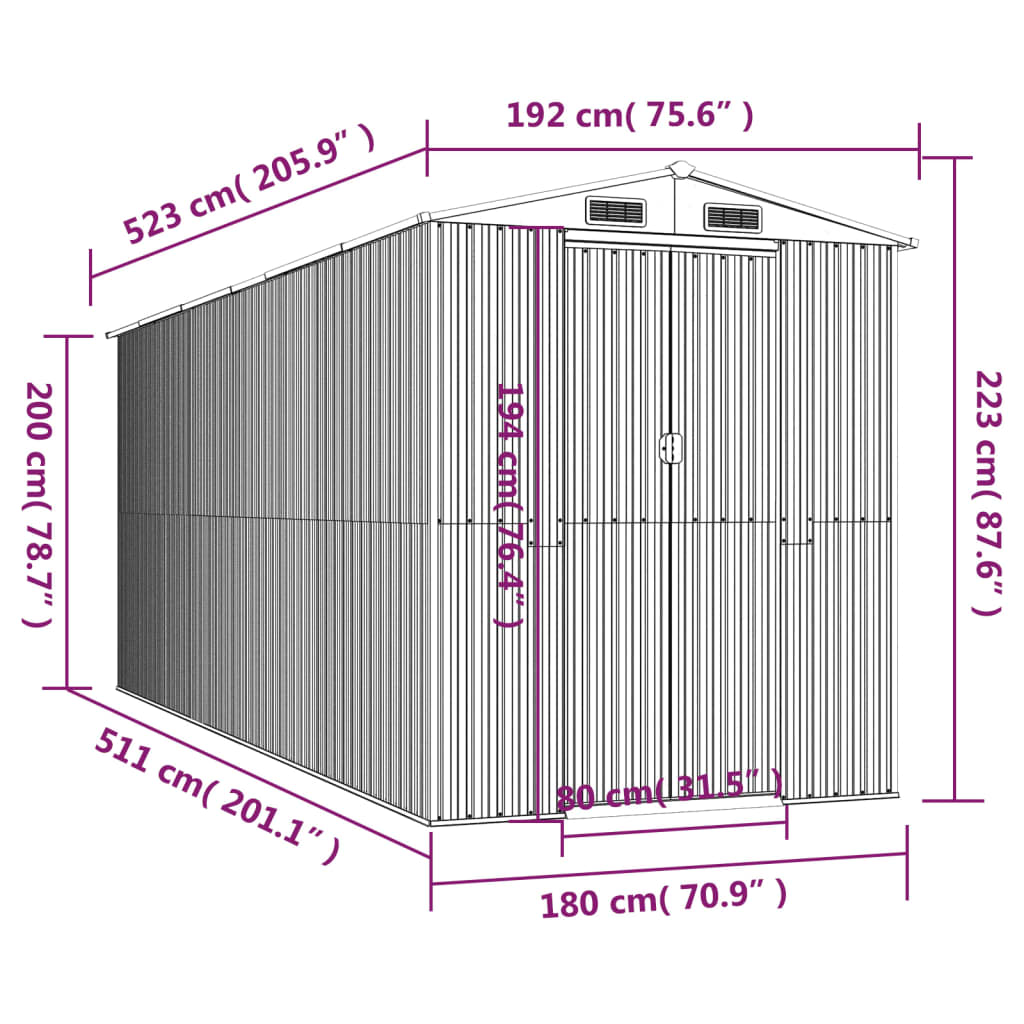 Abrigo de jardim 192x523x223 cm aço galvanizado cinzento-claro