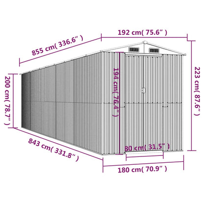 Abrigo de jardim 192x855x223 cm aço galvanizado cinzento-claro