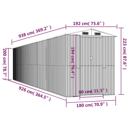 Abrigo de jardim 192x938x223 cm aço galvanizado cinzento-claro