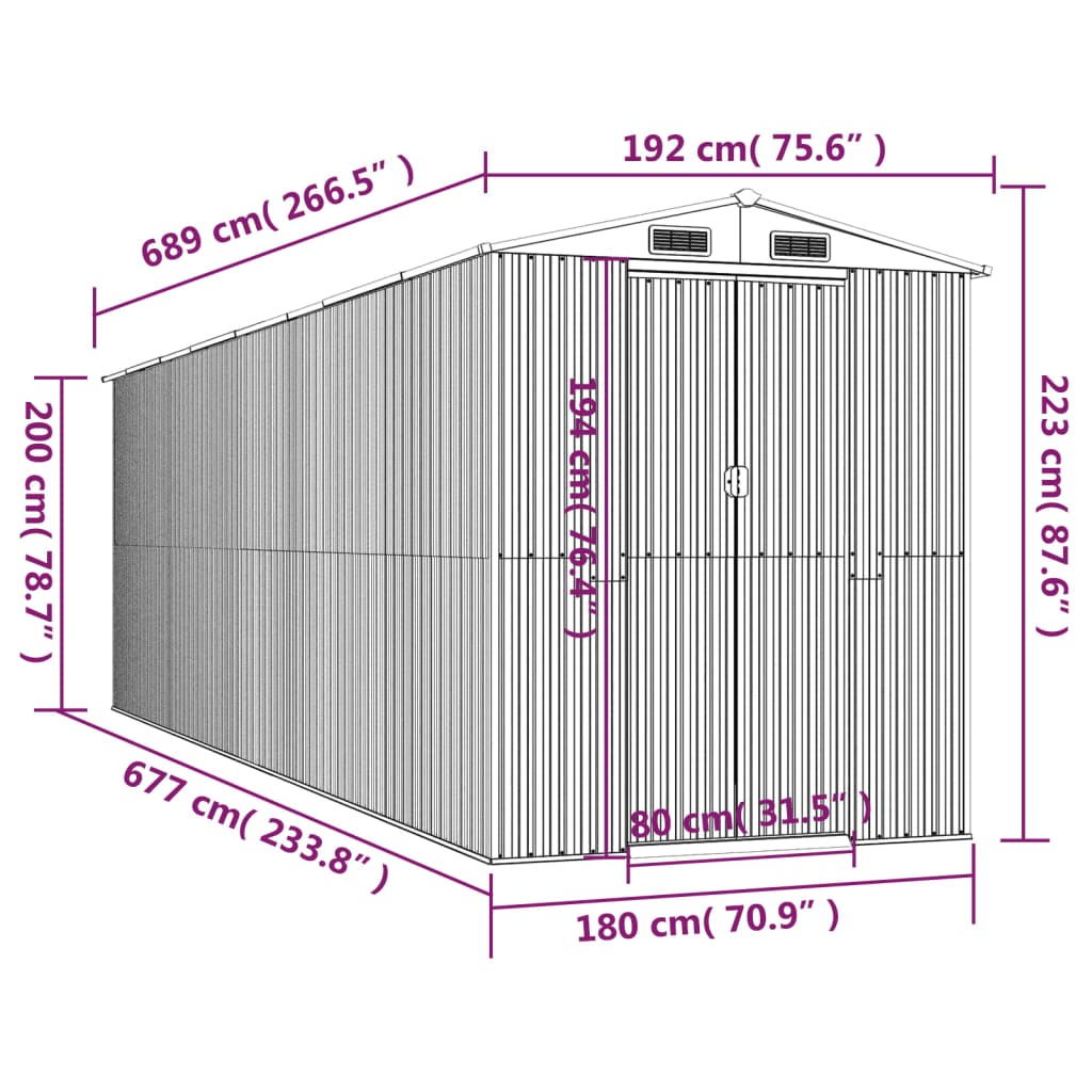 Abrigo de jardim 192x689x223 cm aço galvanizado antracite