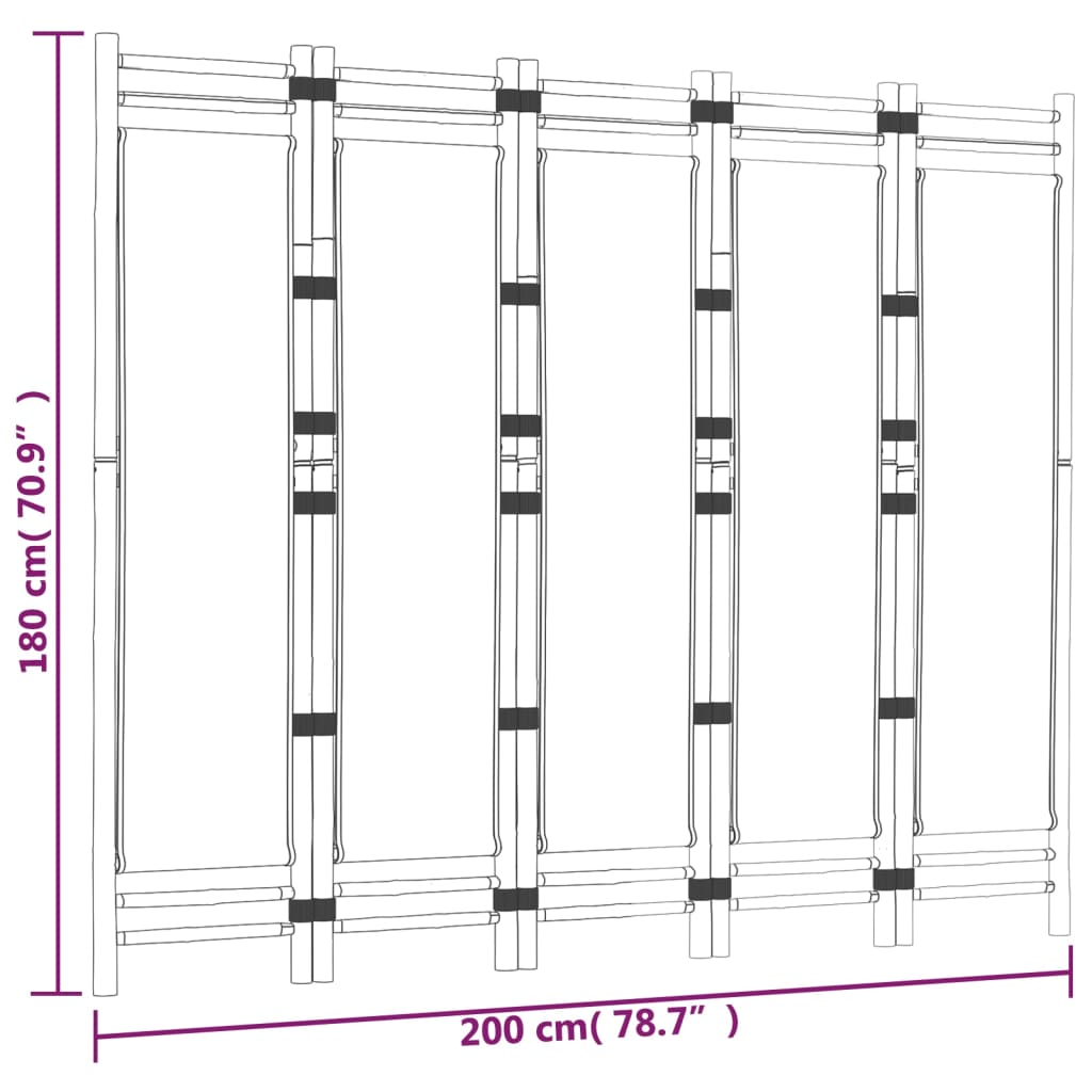 Divisória/biombo com 5 painéis dobráveis 200 cm bambu e lona