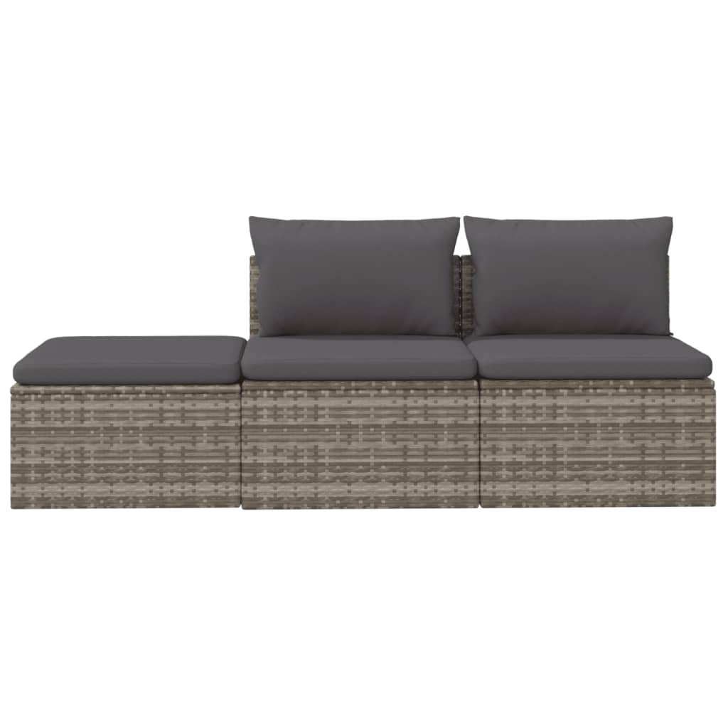 3 pcs conjunto lounge de jardim c/ almofadões vime PE cinzento