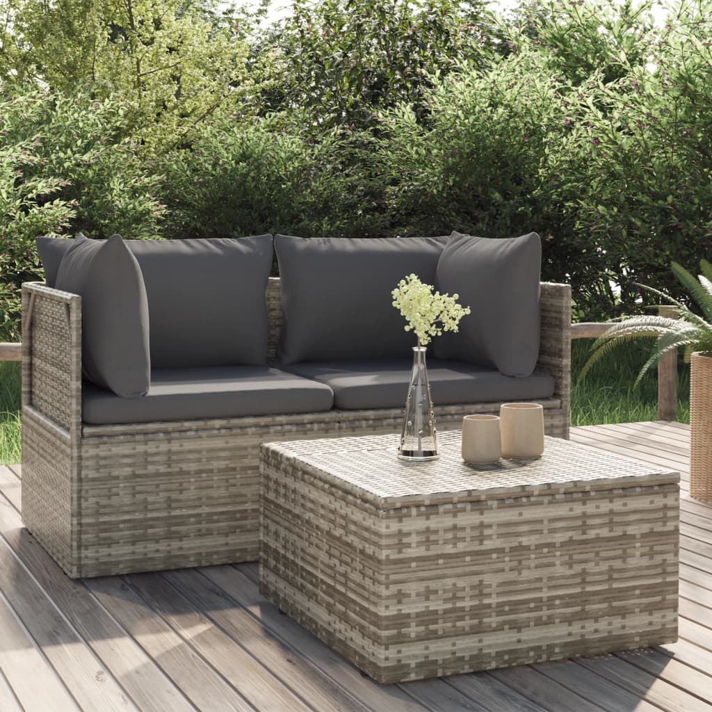 3 pcs conjunto lounge de jardim c/ almofadões vime PE cinzento