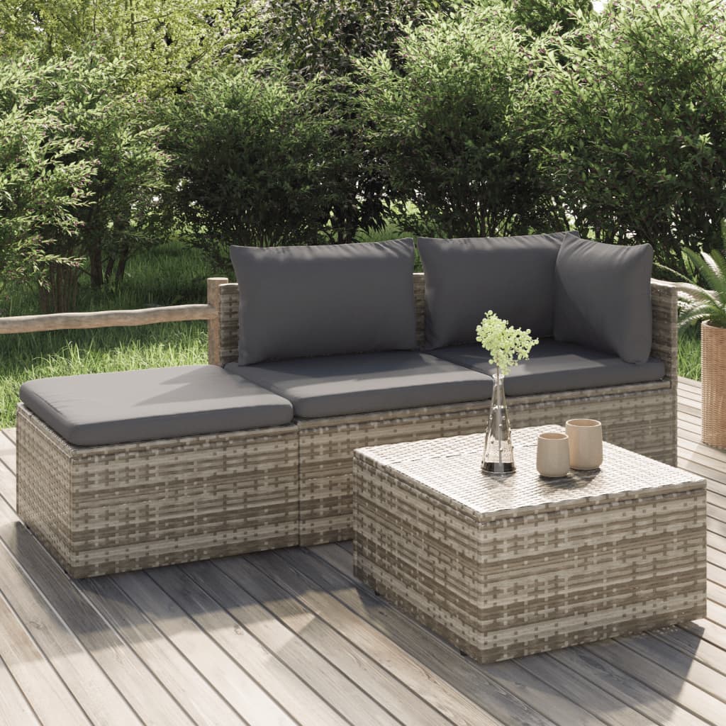 4 pcs conjunto lounge de jardim c/ almofadões vime PE cinzento