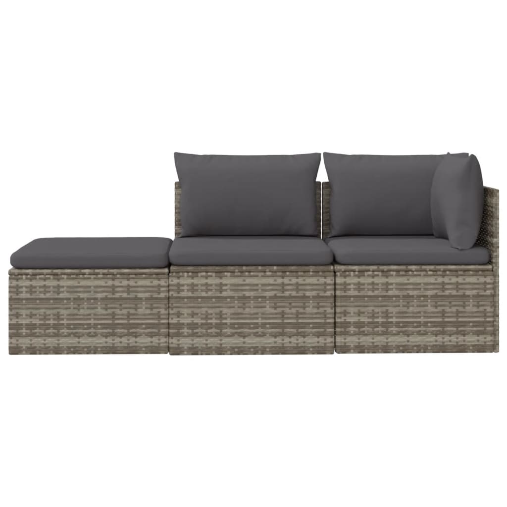 3 pcs conjunto lounge de jardim c/ almofadões vime PE cinzento