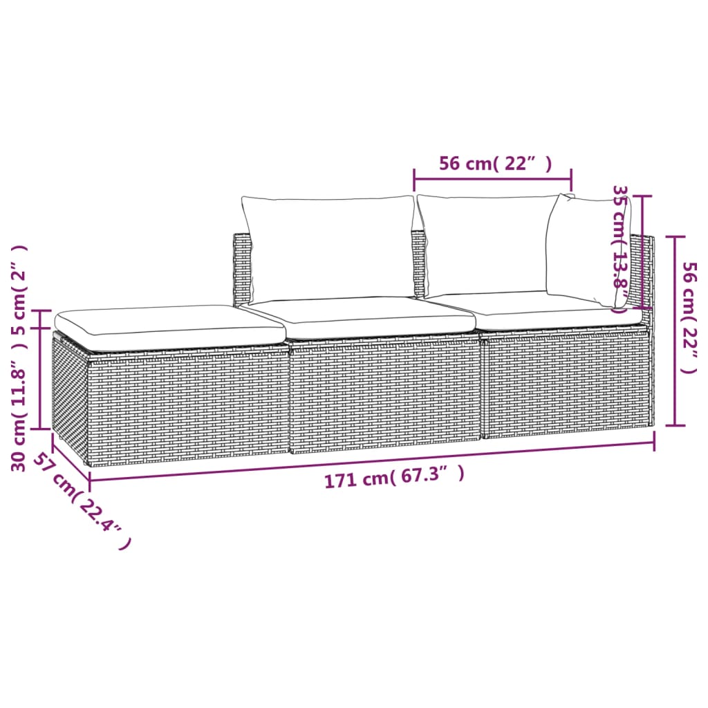 3 pcs conjunto lounge de jardim c/ almofadões vime PE cinzento