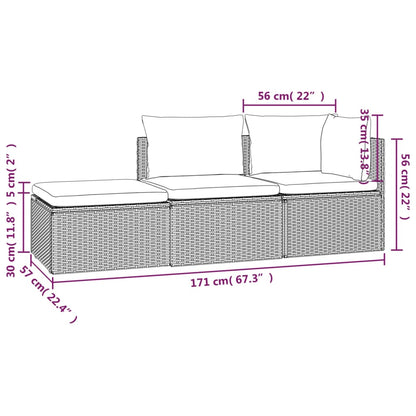 3 pcs conjunto lounge de jardim c/ almofadões vime PE cinzento