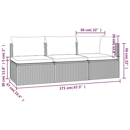 3 pcs conjunto lounge de jardim c/ almofadões vime PE cinzento