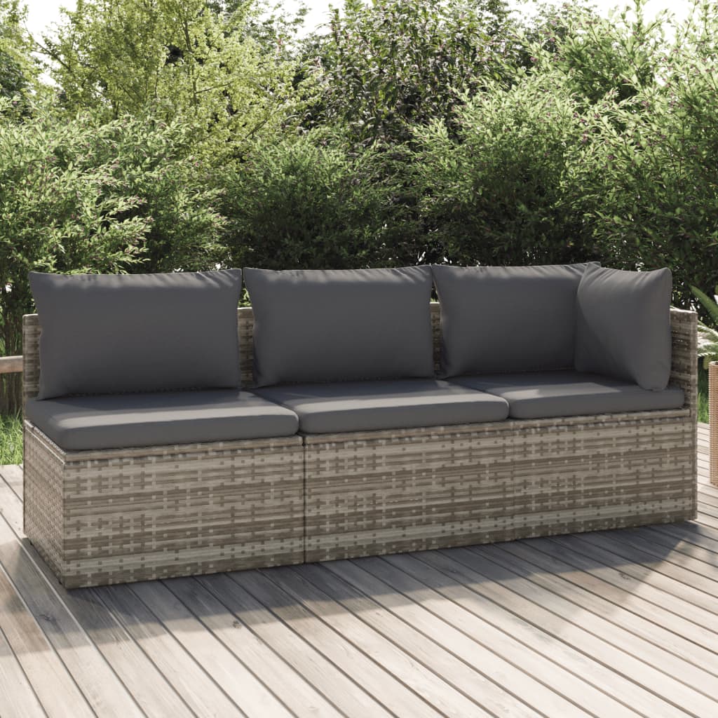 3 pcs conjunto lounge de jardim c/ almofadões vime PE cinzento