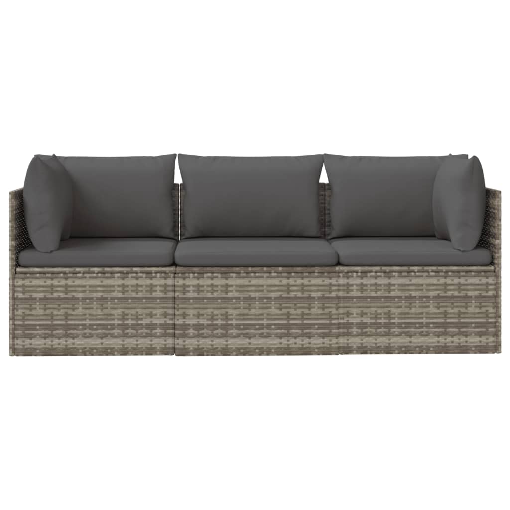 3 pcs conjunto lounge de jardim c/ almofadões vime PE cinzento