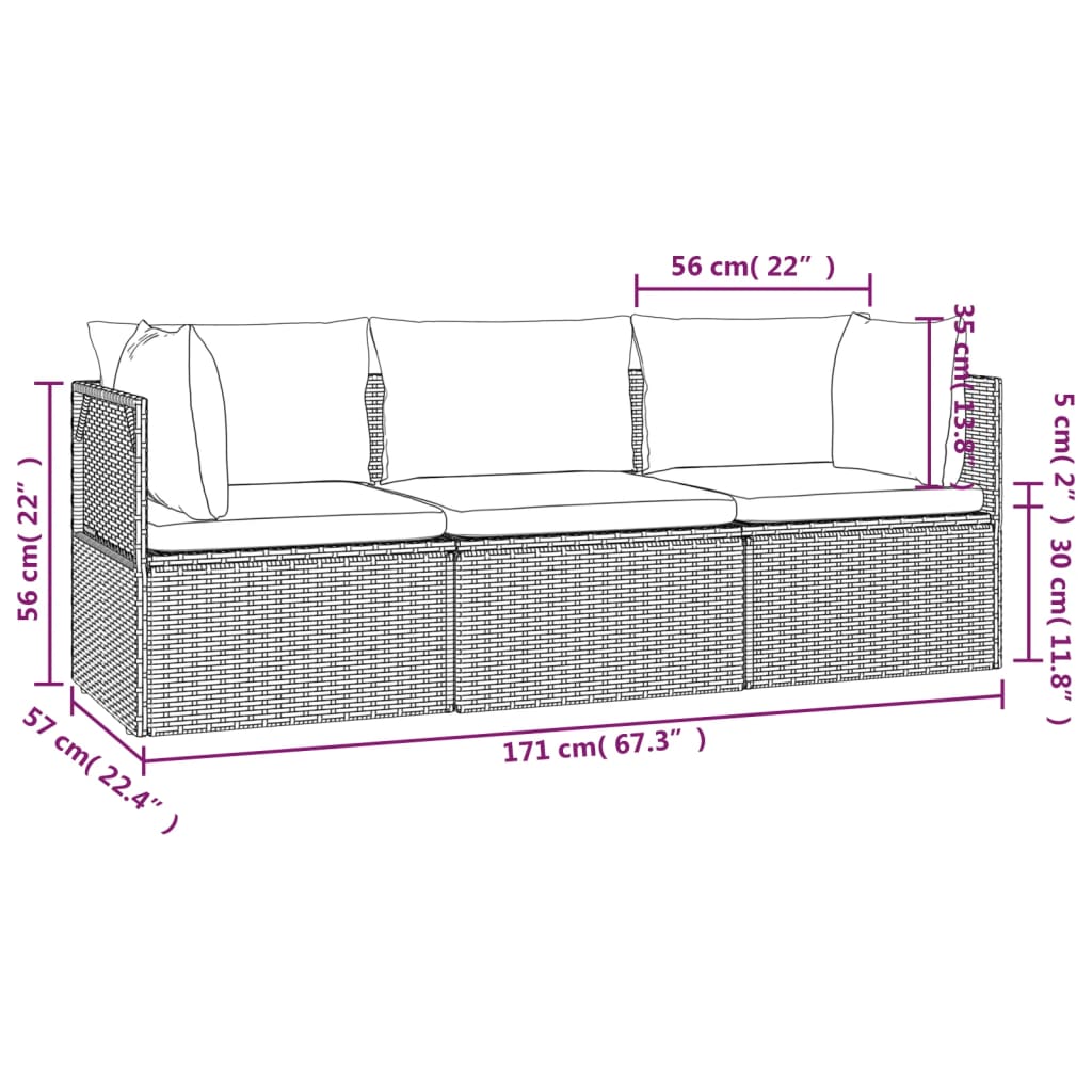 3 pcs conjunto lounge de jardim c/ almofadões vime PE cinzento