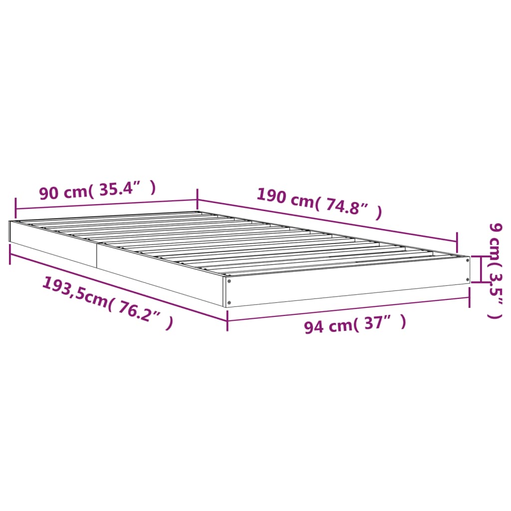 Estrutura de cama de solteiro 90x190 cm pinho maciço