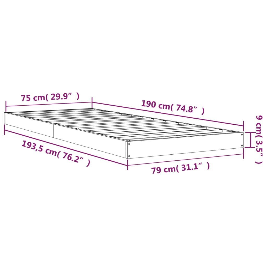 Estrutura de cama de solteiro pequena 75x190 cm pinho maciço