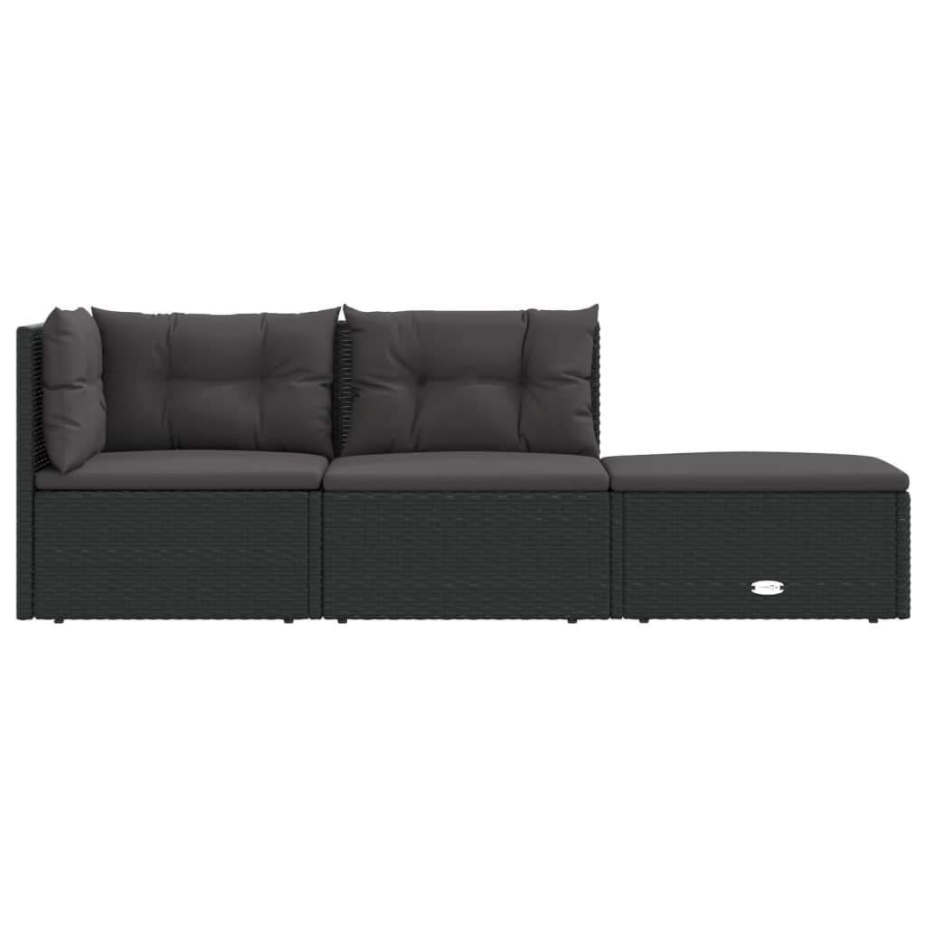 3 pcs conjunto lounge de jardim c/ almofadões vime PE preto