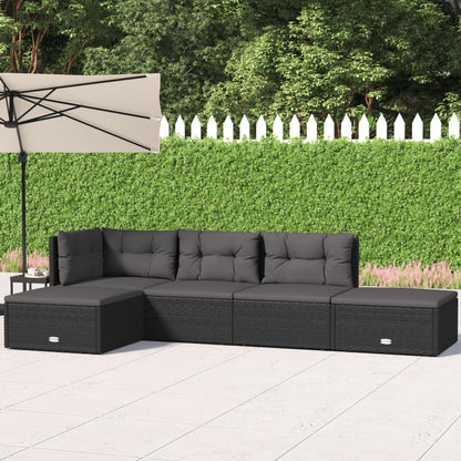 5 pcs conjunto lounge de jardim c/ almofadões vime PE preto