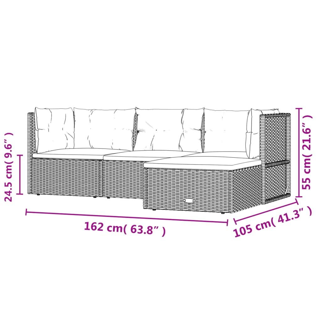 4 pcs conjunto lounge de jardim c/ almofadões vime PE preto