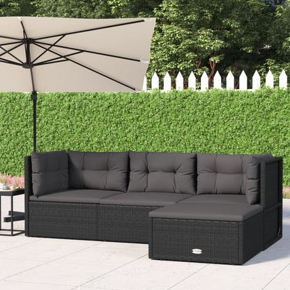 4 pcs conjunto lounge de jardim c/ almofadões vime PE preto