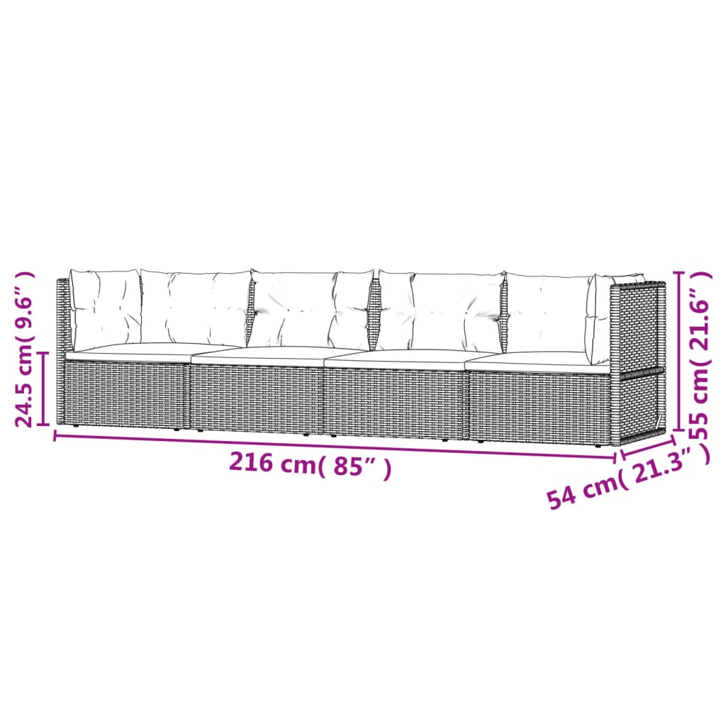 4 pcs conjunto lounge de jardim c/ almofadões vime PE preto