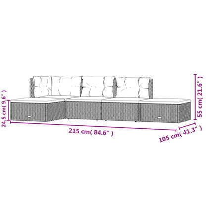 5 pcs conjunto lounge de jardim c/ almofadões vime PE cinzento